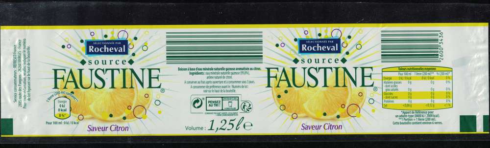 France Etiquette Eau de Source Faustine Saveur Citron Sélectionnée par Rocheval