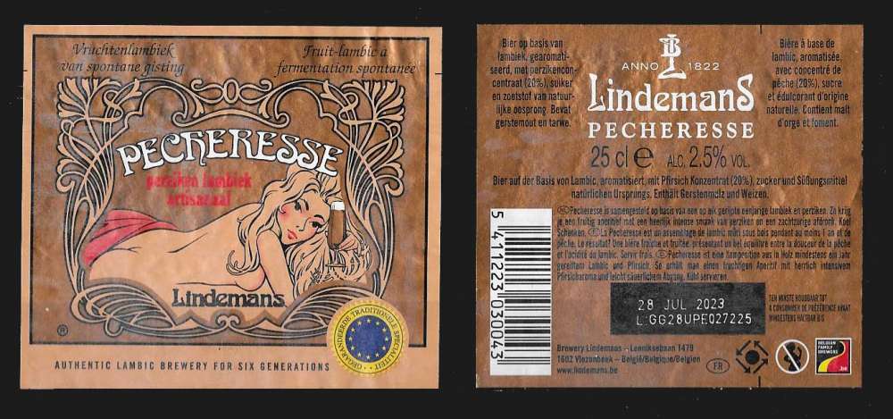 Etiquettes - Bière Belge - Lindermans Pecheresse - Alc. 2,5% VOL - 25 cl