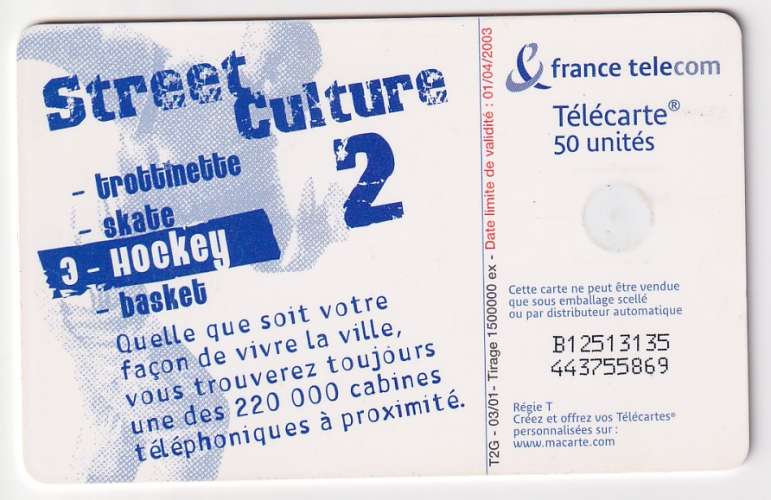 Télécarte 03/01 - F1137 - 50 U - SO3 - Hockey (utilisée)