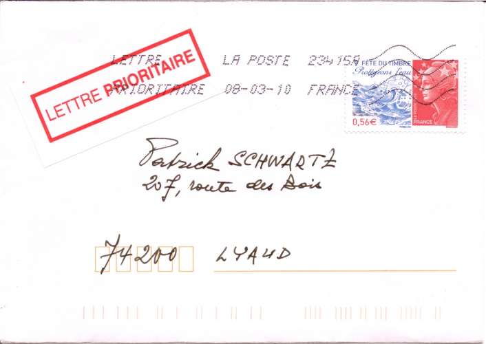 France Lettre Oblitération 08.03.2010 Timbre Marianne Protégeons l'eau