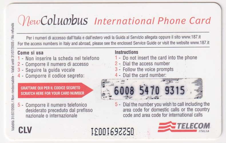 Italie Carte prépayée New Columbus 5 € Exp. 31/07/2005 (utilisée) 