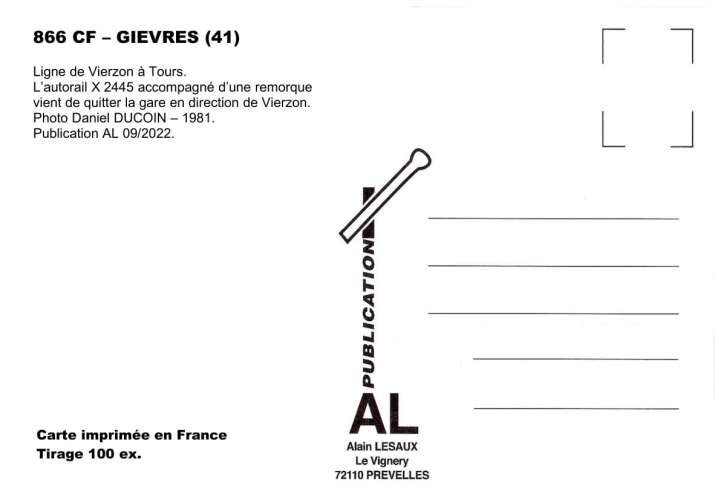 *AL CF 847 à 870 - PR 14 - Lot de 25 cartes postales ferroviaires - Région Centre