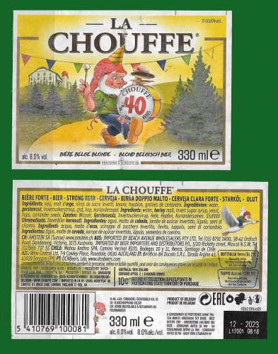 Etiquettes Bière Belge - La Chouffe 40 - Alc. 8,0 % Vol - 330 ml - Etiquettes décollées