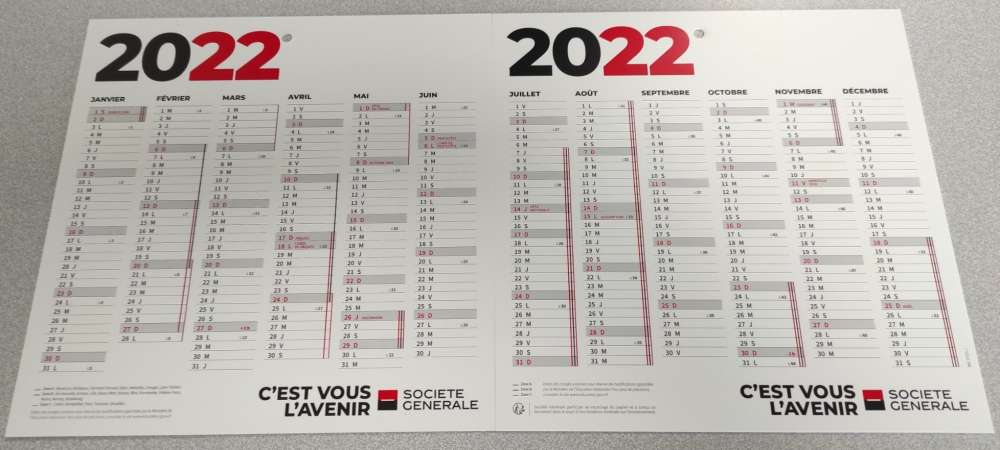 France Calendrier 2022 Calendar Type Banque SOGENAL Société Générale c'est vous l'avenir