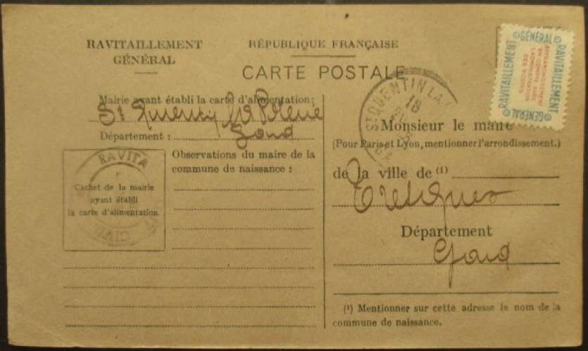 carte de ravitaillement de St Quentin (Gard) pour Tresques (Gard)