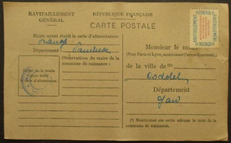 carte de ravitaillement de Orange (Vaucluse) pour Codolet (Gard)