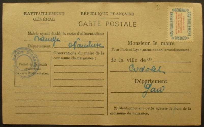 carte de ravitaillement de Orange (Vaucluse) pour Codolet (Gard)