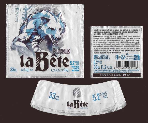 Etiquettes Bière Française - La Bête blanche - 5;2 Alc - 0,33 cl - Etiquettes décollées