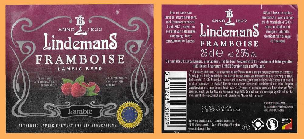 Etiquettes Bière Belge - Lindemans framboise - 2,5% Alc - 0,25 cl - Etiquettes décollées