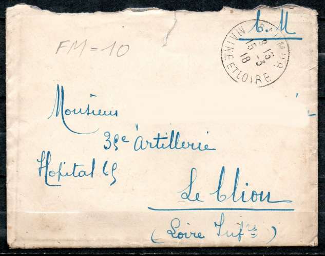 Lettre en FM > Cachet SAUMUR 1918 > Militaire hospitalisé 