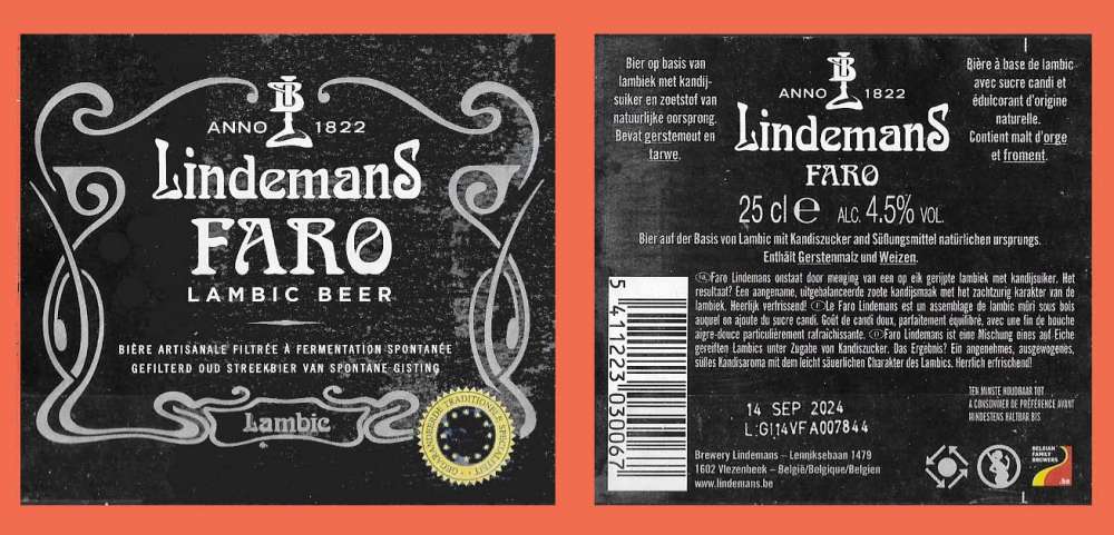 Etiquettes Bière Belge - Lindemans FARO - 4,5% Alc - 0,25 cl - Etiquettes décollées