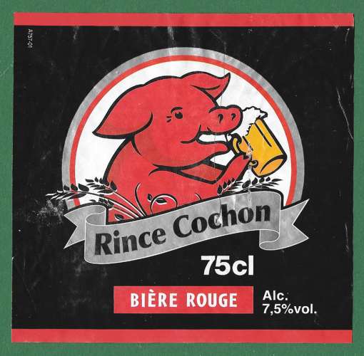 Etiquettes Bière Belge - Rince Cochon rouge - 7,5% Alc - 75cl - Etiquette décollée