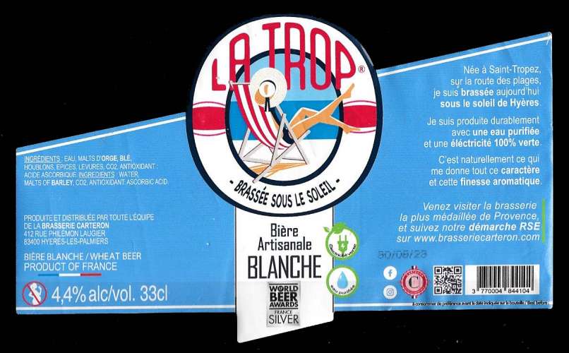 Etiquettes Bière Française - La Trop blanche - 4,4% Alc - 33 cl - Etiquette décollée