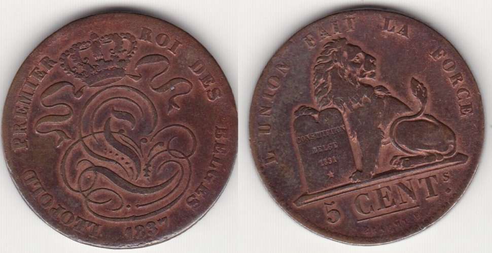 belgique  leopold 1er 5 centimes grand module  année 1837