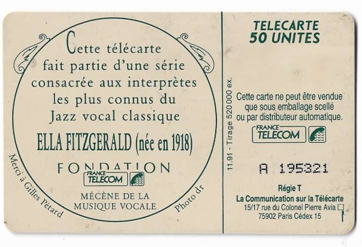 F203 TÉLÉCARTE - PHONE CARD 1991 - Ella Fitzgerald.