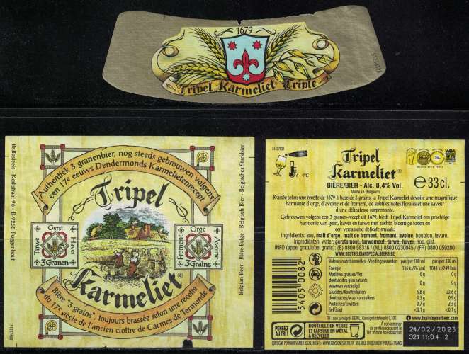 Belgique Lot 3 Étiquettes Bière Beer Labels Tripel Karmeliet Triple