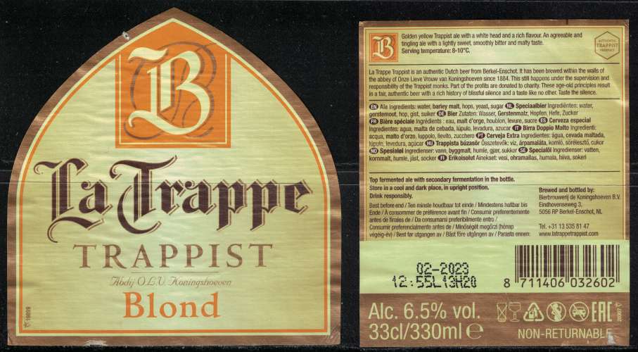 Pays Bas Lot 2 Etiquettes Bière Beer Labels La Trappe Trappist Blond SU