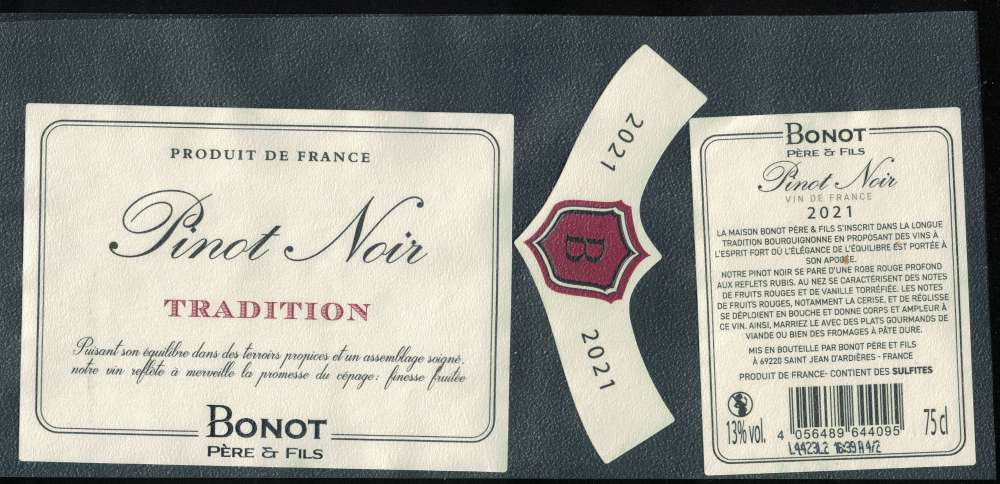 France Lot 3 Etiquettes Vin Pinot Noir Wine Bonot Père & Fils 2021