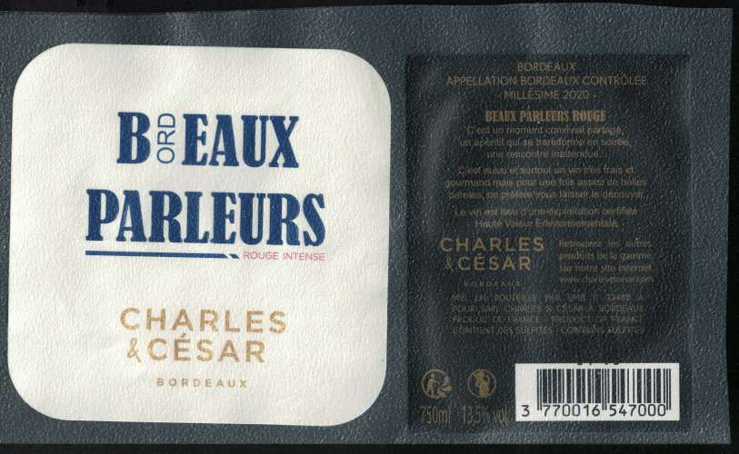 France Lot 2 Etiquettes Vin Wine Beaux Parleurs Charles & César Bordeaux Rouge Intense