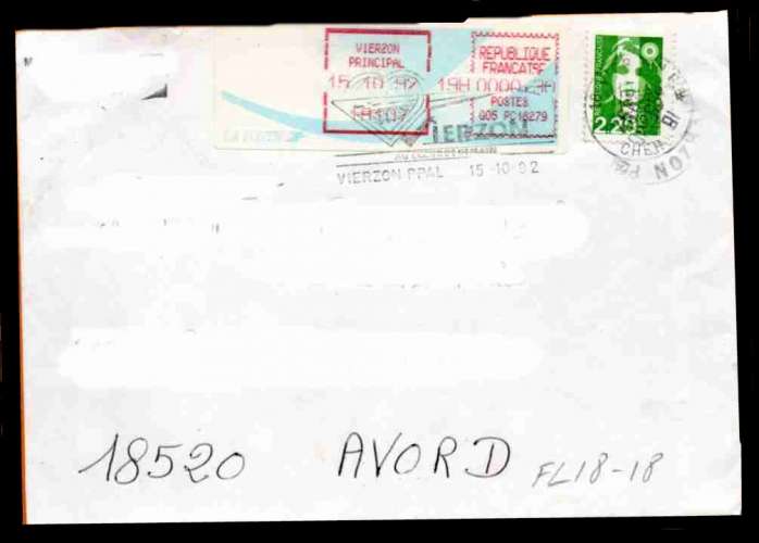 Dept 18 (Cher) VIERZON Ppal 1992 > FG illustrée + Timbre distributeur