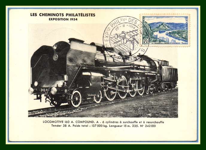 CAM BT Exposition Philatélique Cheminots Philatélistes Paris 1954 / N° 977 seul Locomotive 160