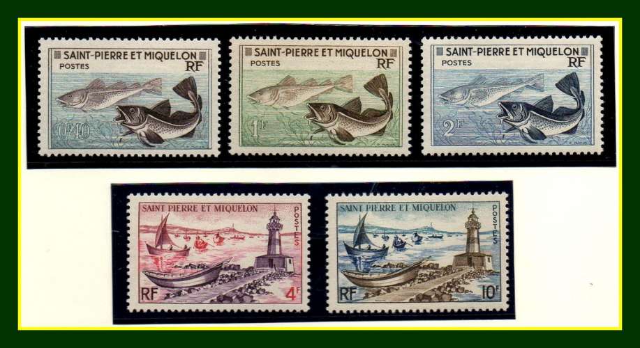 St Pierre & Miquelon série Poissons + Phare N° 353 à 357 ** MNH complète 1957