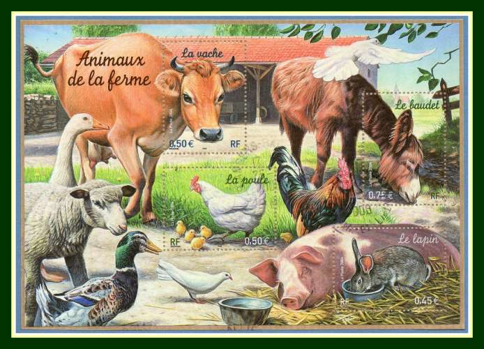  Bloc N° 69 Animaux Ferme 2004 Obl. sur support lettre Vache, Lapin, Baudet, Poule