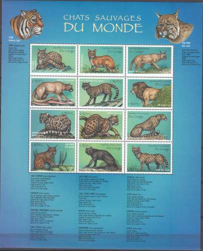 RDC 2000 Michel 1438 - 1449 Neuf ** Cote (2002) 17.50 € Chats sauvages du monde