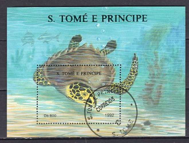 ST THOMAS ET PRINCE 1992 LES TORTUES MARINES BLOC  OBLITERE