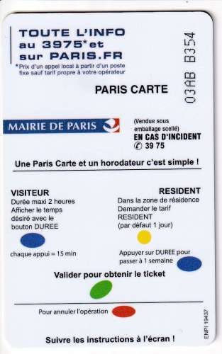 France Stationnement Paris - Pensez aux handicapés 15 € - Série 03AB - Puce OR (utilisée) 