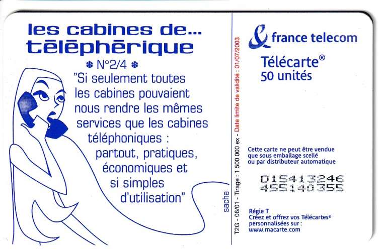 Télécarte 06/2001 - F1154 - 50 U - OB2 - Double numérotation - Les cabines 2 téléphérique (utilisée)