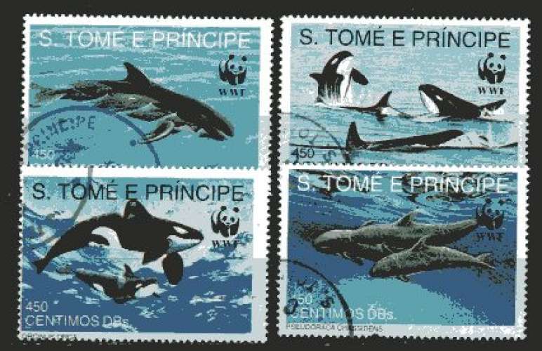 ST THOIMAS ET PRINCE 1992 WWF LES CETACES SERIE COMPLETE OBLITEREE
