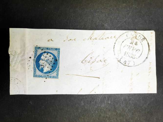 N° 14 - 20 c. bleu sur fragment - Cote 100 €