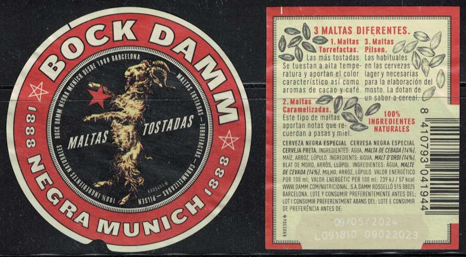 Espagne Lot 2 Etiquettes Bière Beer Labels Bock Damm Negra Munich Maltas Tostadas