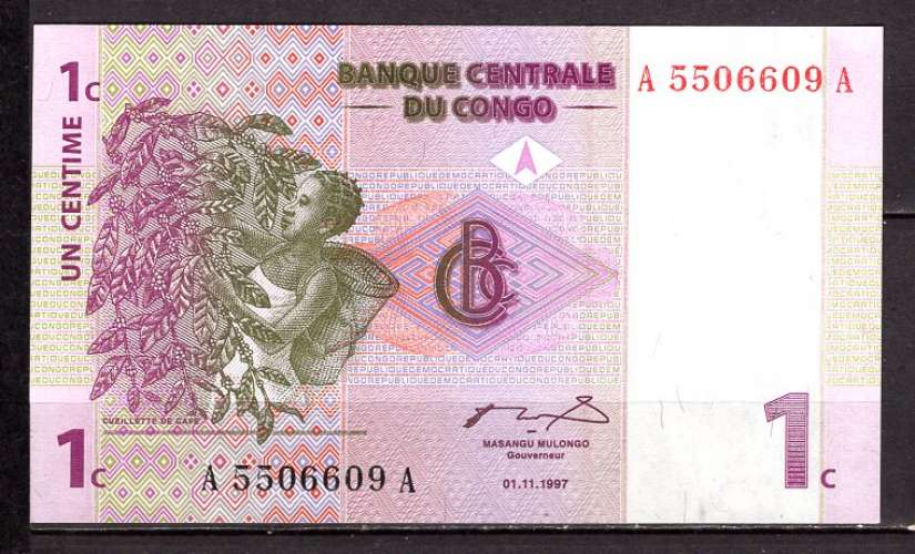  BILLET DE BANQUE CONGO 1 CENTIME 1997 PICK 80  NEUF UNC