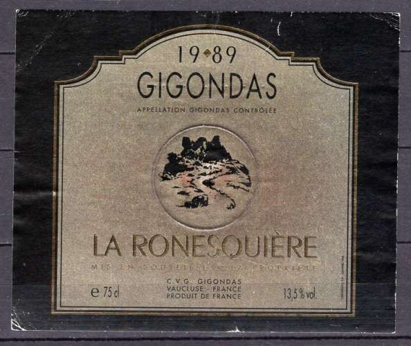 ETIQUETTE DE VIN NEUVE GIGONDAS 1989  LA RONESQUIERE 