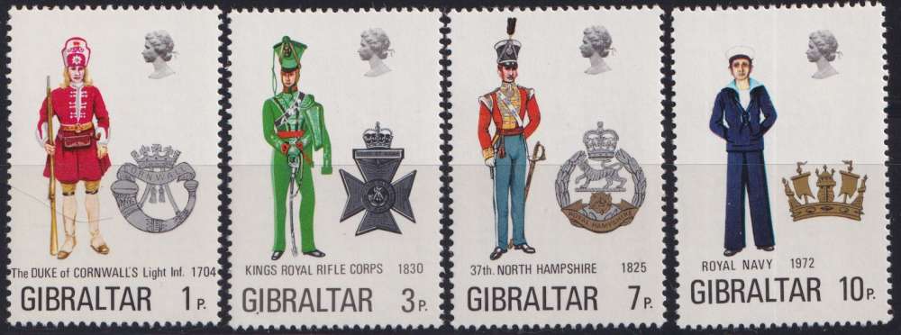 Gibraltar 1972 Y&T 284, 285, 286, 287 neufs gomme imparfaite - Uniformes militaires 