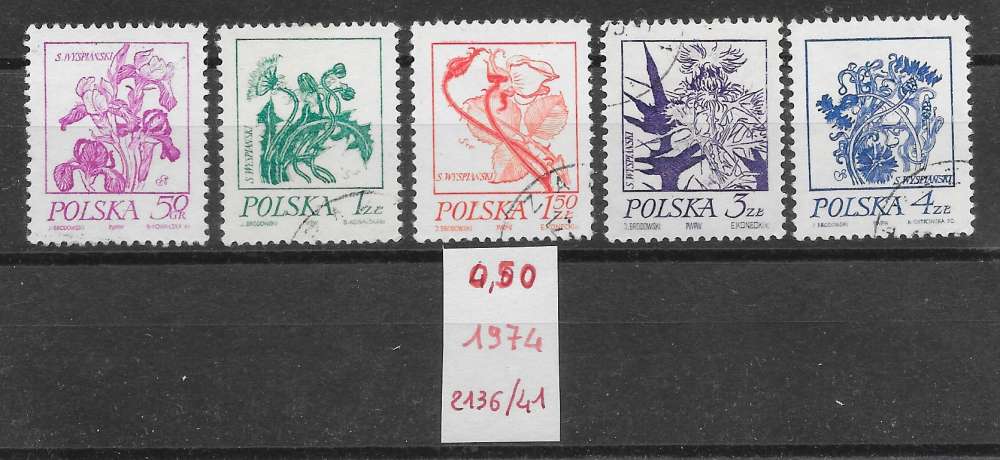 fleur - Pologne n°2136 à/to 2140 iris pâquerette rose chardon bleuets 1974 o