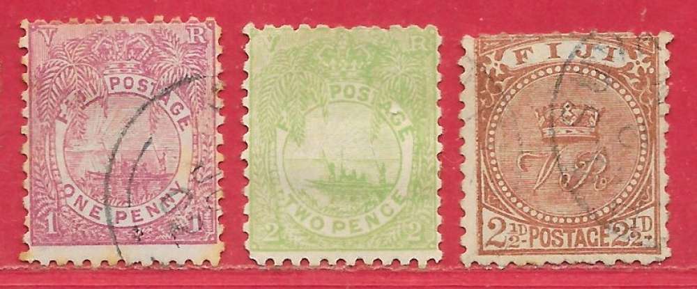 Fidji n°42 1p violet, 43 2p vert-jaune, 44 2,5p brun-orange 1891-93 o & (*)