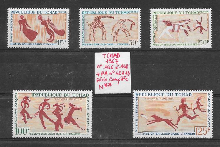 histoire préhistoire peintures rupestres - Tchad n°146 à/to 148 & PA/AM n°42, 43 1967 **