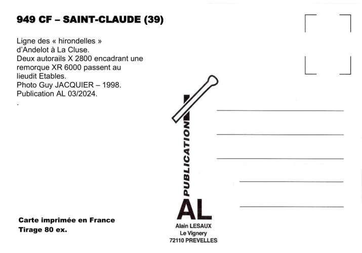 AL 949 - Autorails X 2800 vers Etables commune de SAINT-CLAUDE - Jura - SNCF