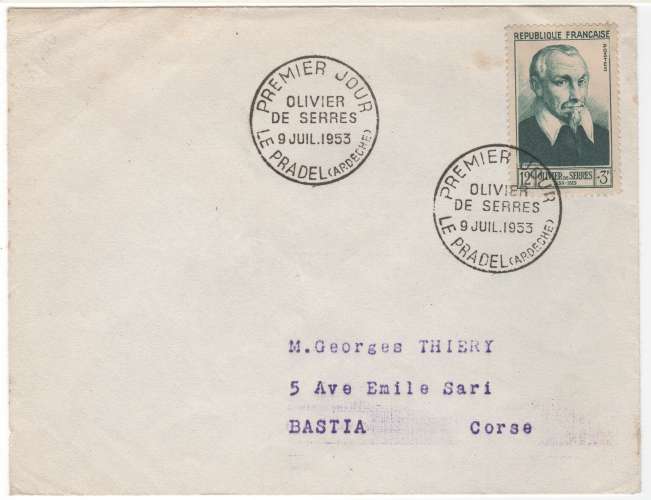 FDC N° 946 Olivier de Serres 1953 (cote 15€) voy.> Bastia