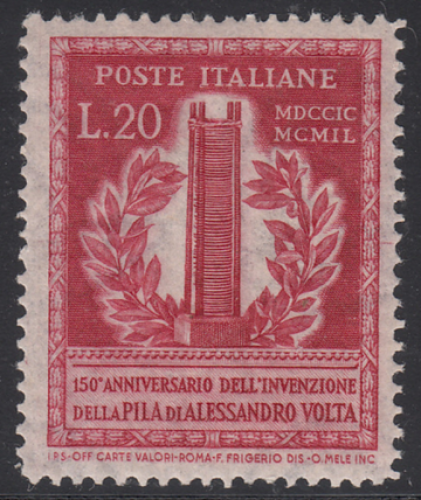 Italie (1949) Alessandro Volta 20 lire  dent. 14 ¼ x 14 ¼ ** MNH