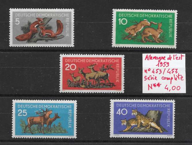 mammifère - Allemagne de l'est n°453 à/to 457 1959 cerf chevreuil écureuil lièvre lynx **