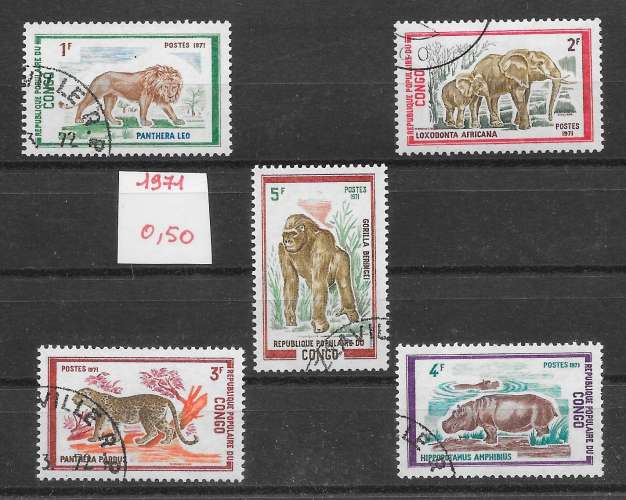 mammifère éléphant gorille hippopotame lion singe - Congo n°318 à/to 322 1972 o