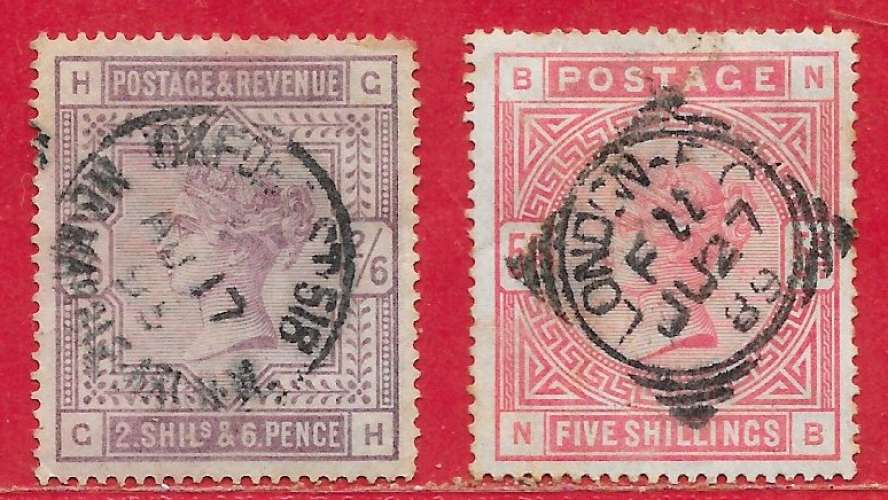 Grande-Bretagne n°86 2S&6p violet & n°87 5S rouge 1883-84 (OXFORD 17 AU 95 & LONDON 27 JU 89) o