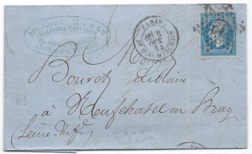 LT5930 n°22/Lettre, Oblitéré étoile chiffrée 12 de PARIS pour Neufchâtel-en-Bray(74) du 8 Oct 1864