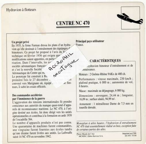  - CENTRE NC 470 - Hydravion à flotteurs - France - scan verso - 