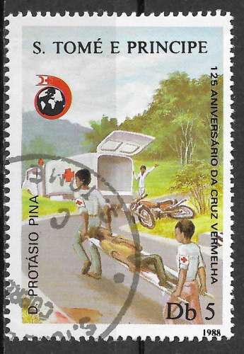 SAINT-THOMAS ET PRINCE 1988 - YT931K - Croix-Rouge. Transport d'un accidenté de la route- oblitéré