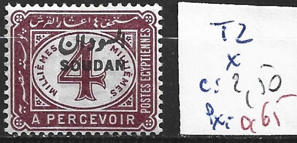 SOUDAN TAXE 2 * côte 2.50 € ( 1 pli vertical )